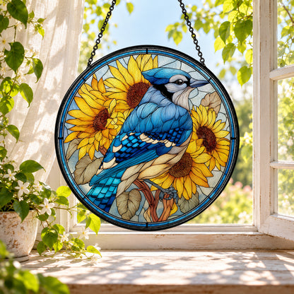 Blue Jay with Golden Sunflowers stained glass window suncatcher – third gallery view