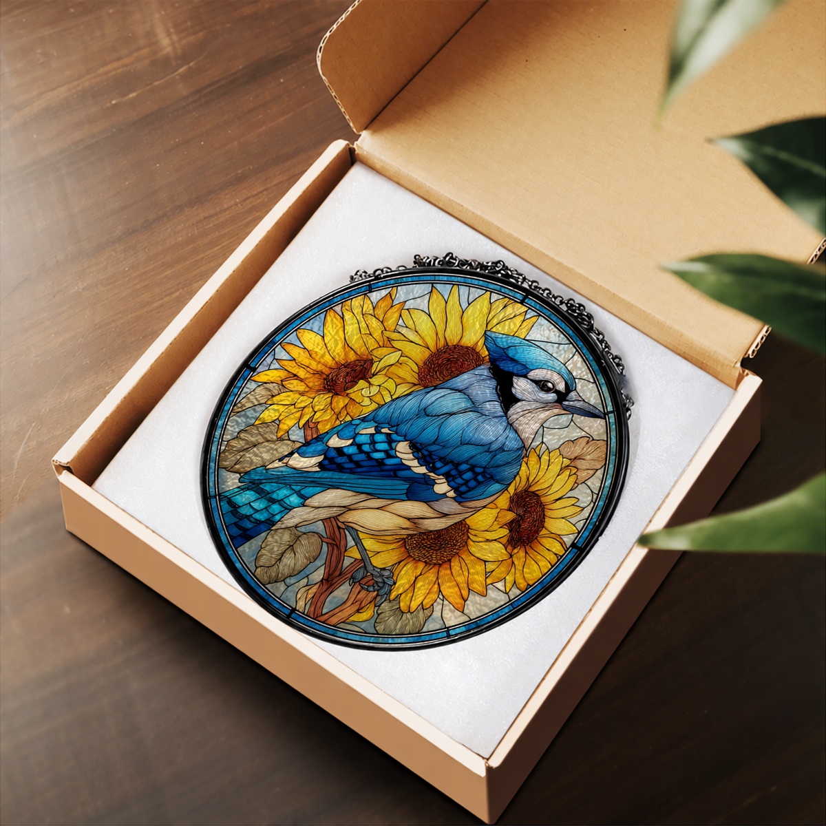 Blue Jay with Golden Sunflowers stained glass suncatcher – flat printed artwork design
