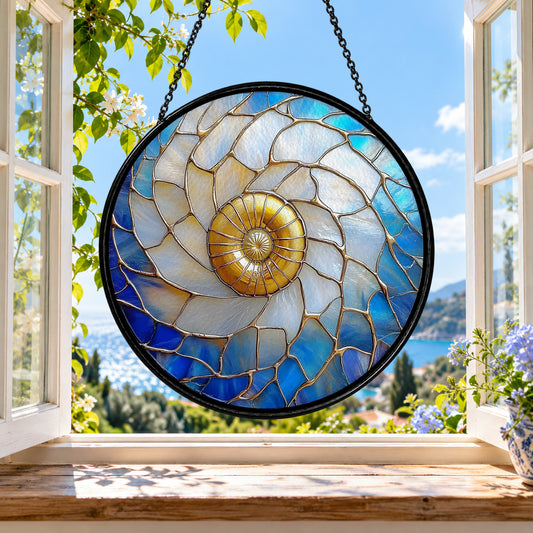 Blue Nautilus Spiral Sea Shell stained glass suncatcher window hanging – front design view