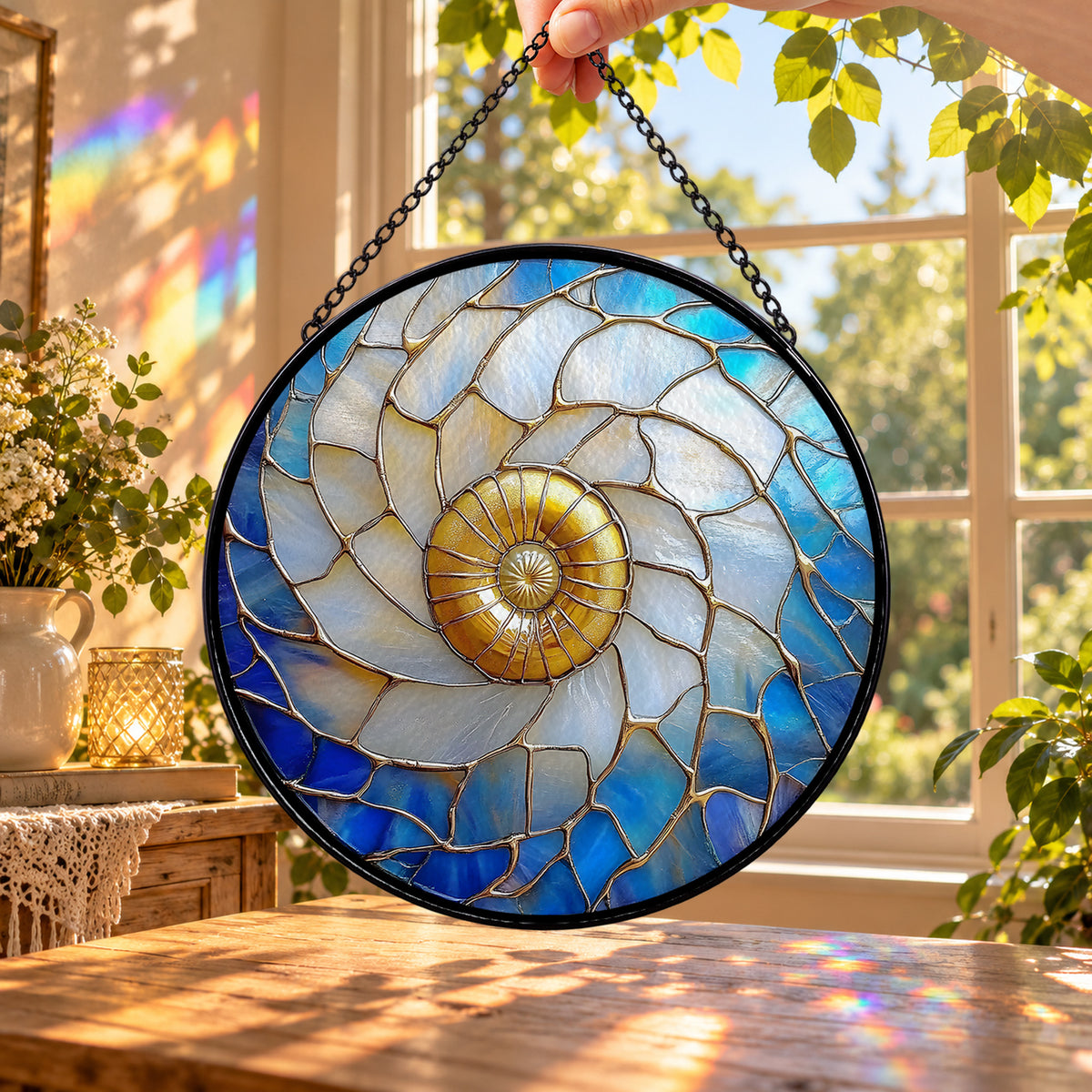 Blue Nautilus Spiral Sea Shell round stained glass window hanging – second gallery view