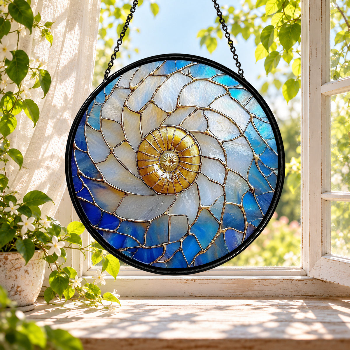 Blue Nautilus Spiral Sea Shell stained glass window suncatcher – third gallery view