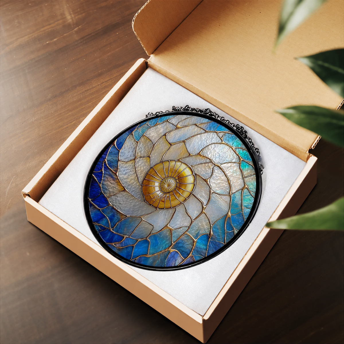 Blue Nautilus Spiral Sea Shell stained glass suncatcher – flat printed artwork design