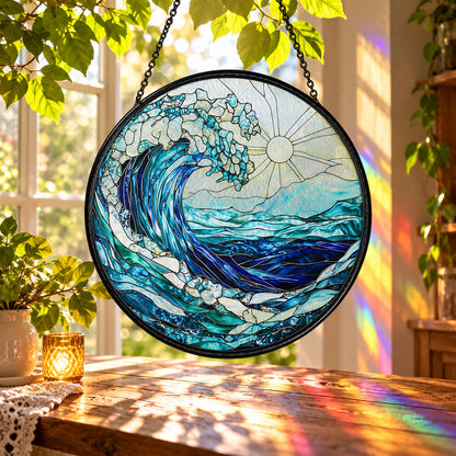 Blue Ocean Wave with Sea Foam stained glass suncatcher window hanging – front design view