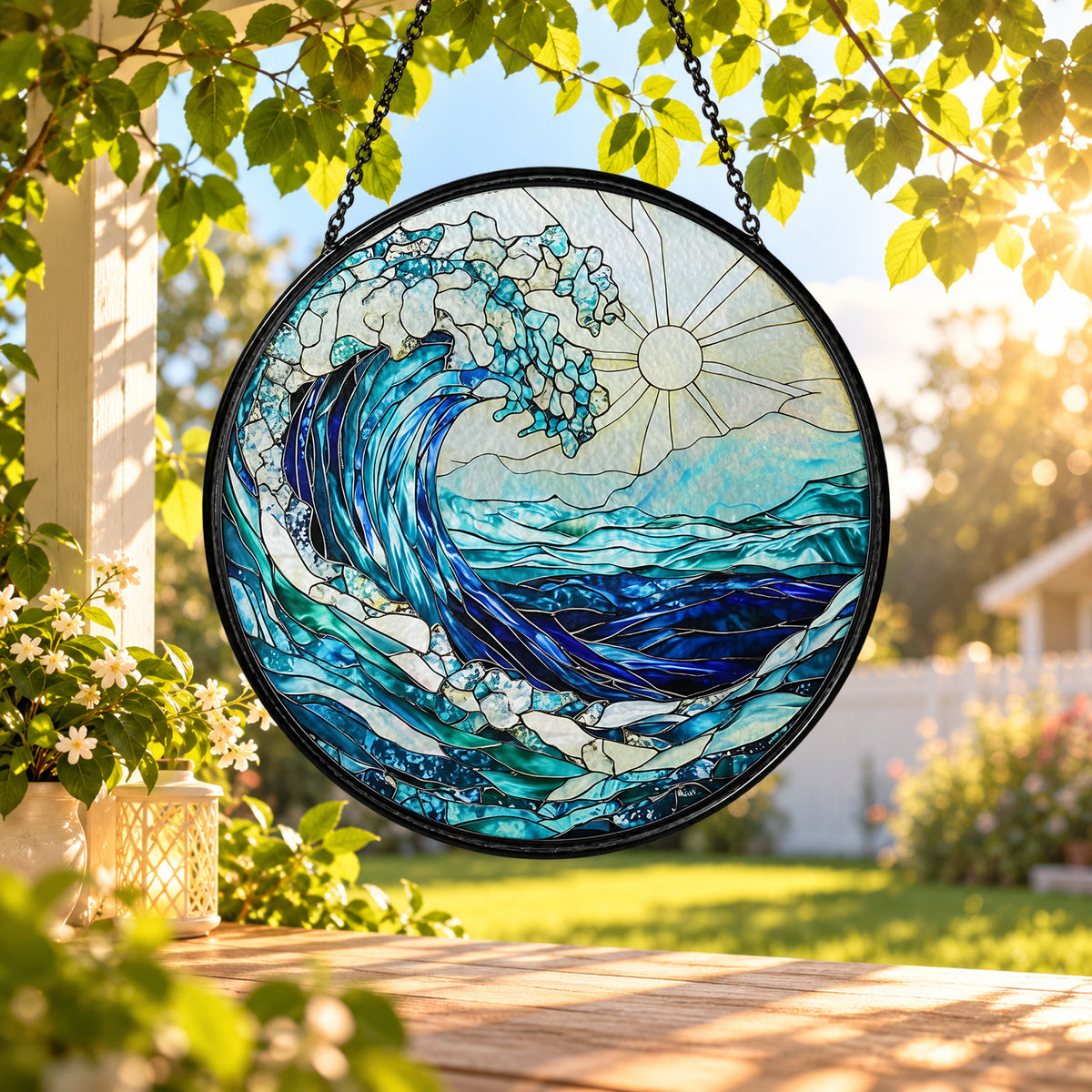 Blue Ocean Wave with Sea Foam stained glass window suncatcher – third gallery view