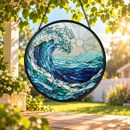 Blue Ocean Wave with Sea Foam stained glass window suncatcher – third gallery view