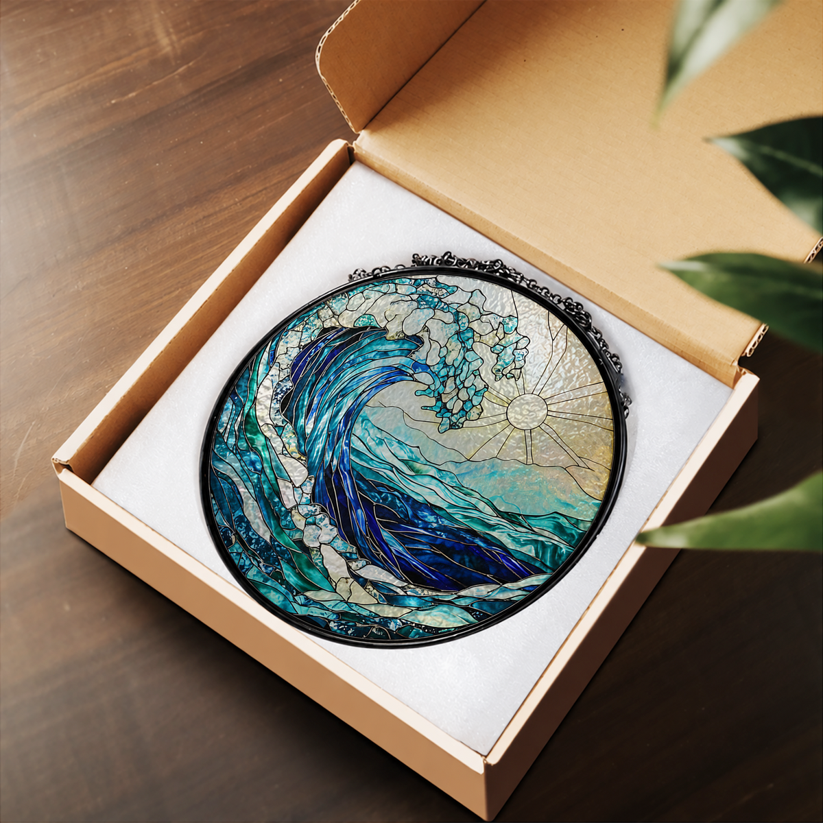 Blue Ocean Wave with Sea Foam stained glass suncatcher – flat printed artwork design