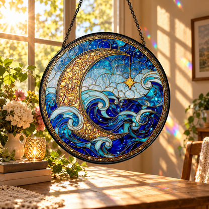 Blue Ocean Waves under Crescent Moon stained glass suncatcher window hanging – front design view