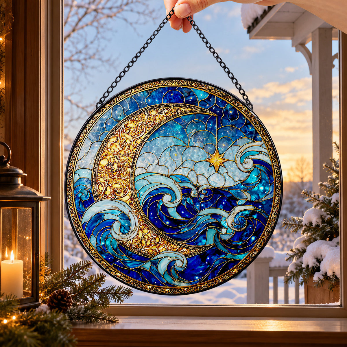 Blue Ocean Waves under Crescent Moon round stained glass window hanging – second gallery view