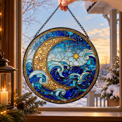 Blue Ocean Waves under Crescent Moon round stained glass window hanging – second gallery view