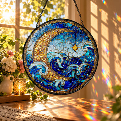 Blue Ocean Waves under Crescent Moon stained glass window suncatcher – third gallery view