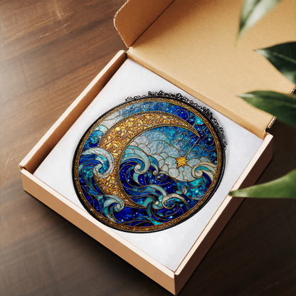 Blue Ocean Waves under Crescent Moon stained glass suncatcher – flat printed artwork design