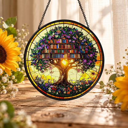 Book Tree and Magical Library stained glass suncatcher window hanging – front design view