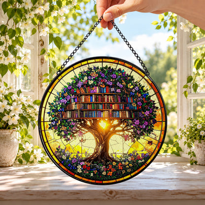 Book Tree and Magical Library round stained glass window hanging – second gallery view