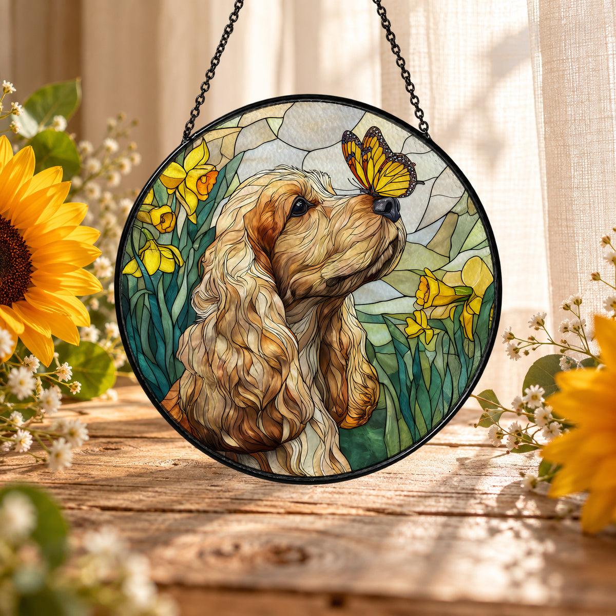 Brown Cocker Spaniel and Butterfly stained glass suncatcher window hanging – front design view