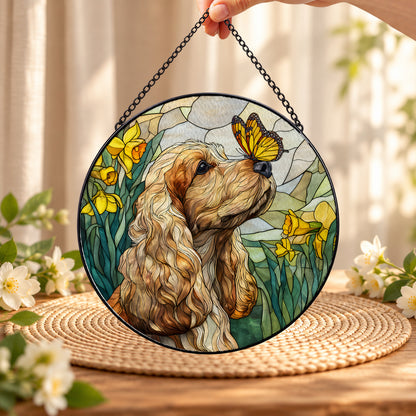 Brown Cocker Spaniel and Butterfly round stained glass window hanging – second gallery view