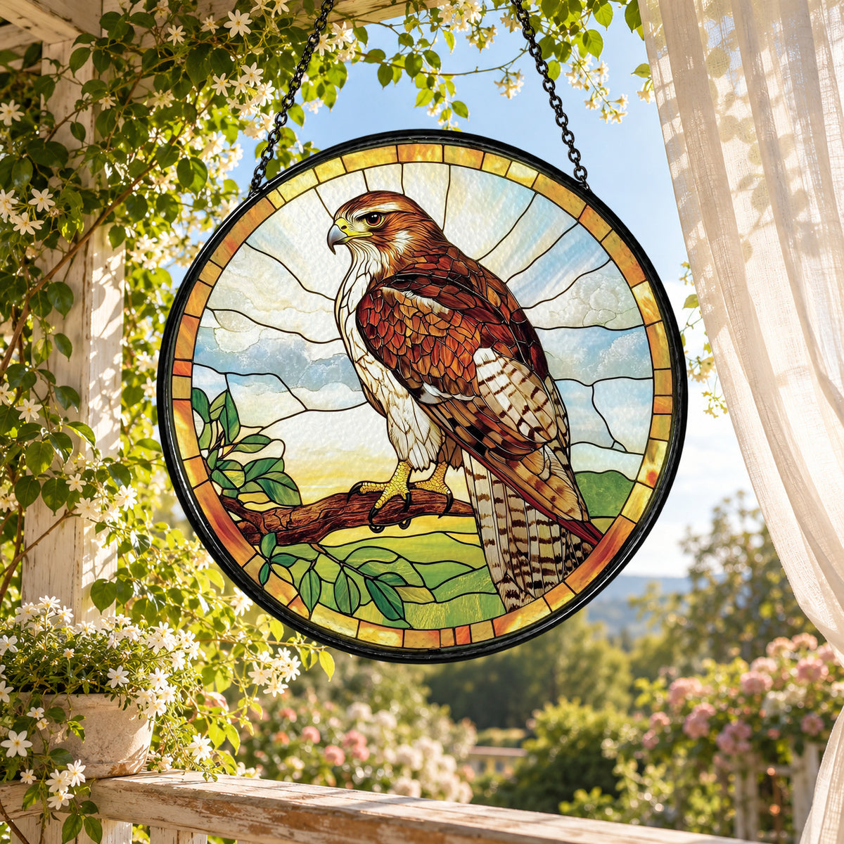 Brown Hawk on Tree Branch stained glass suncatcher window hanging – front design view