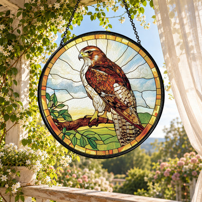 Brown Hawk on Tree Branch stained glass suncatcher window hanging – front design view