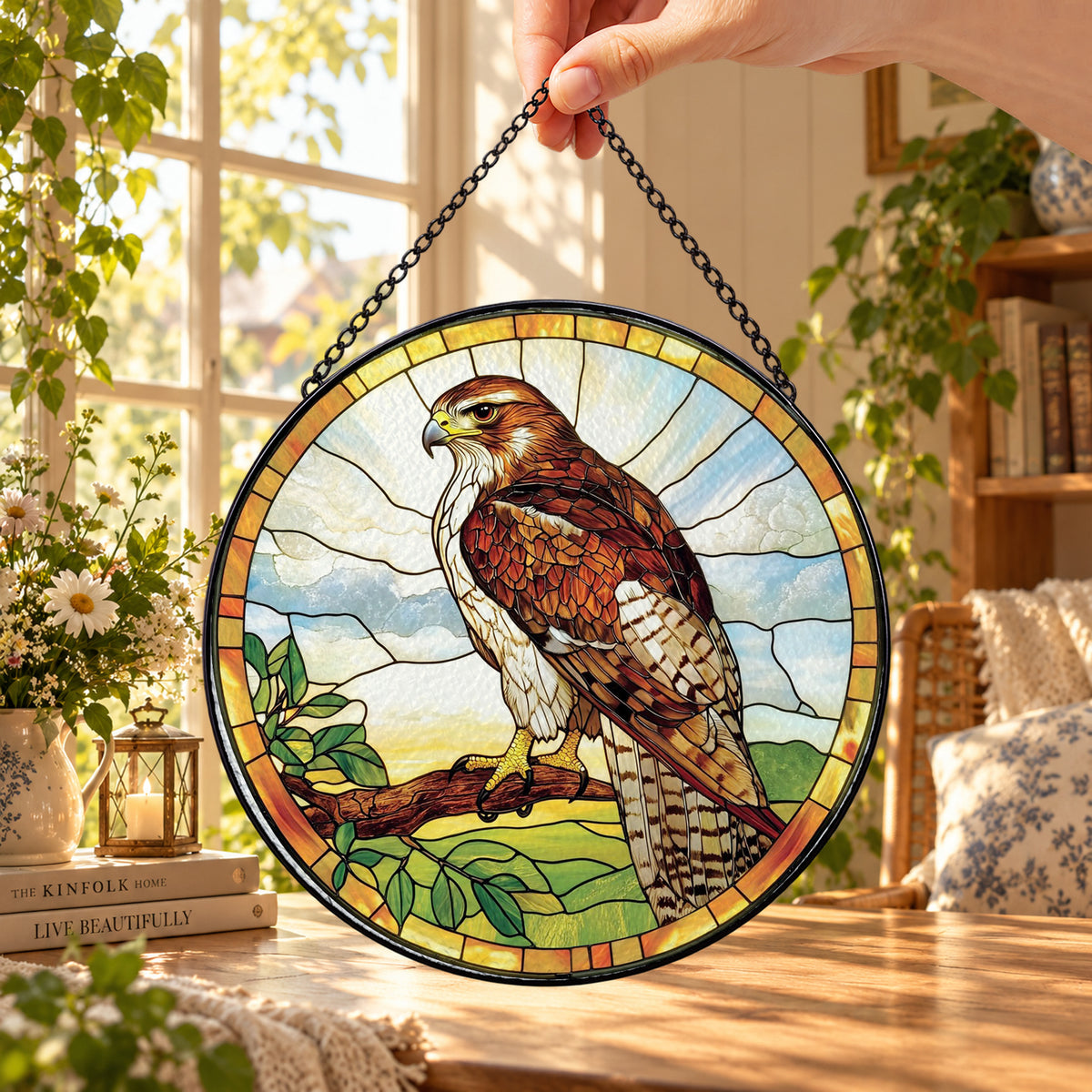 Brown Hawk on Tree Branch round stained glass window hanging – second gallery view