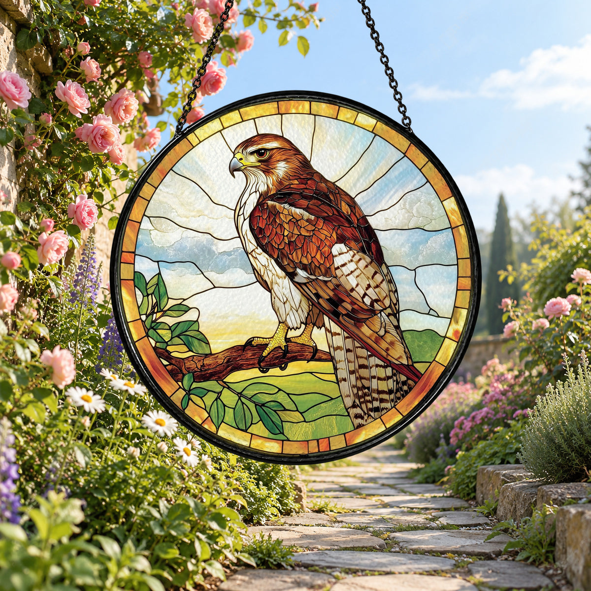 Brown Hawk on Tree Branch stained glass window suncatcher – third gallery view