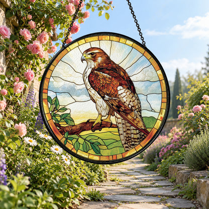 Brown Hawk on Tree Branch stained glass window suncatcher – third gallery view
