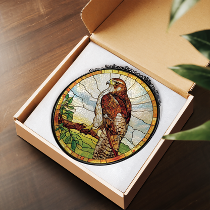 Brown Hawk on Tree Branch stained glass suncatcher – flat printed artwork design