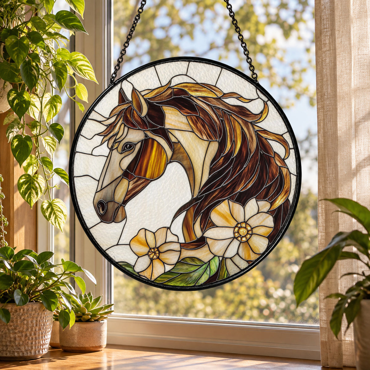 Brown Horse Head with Wildflowers stained glass suncatcher window hanging – front design view