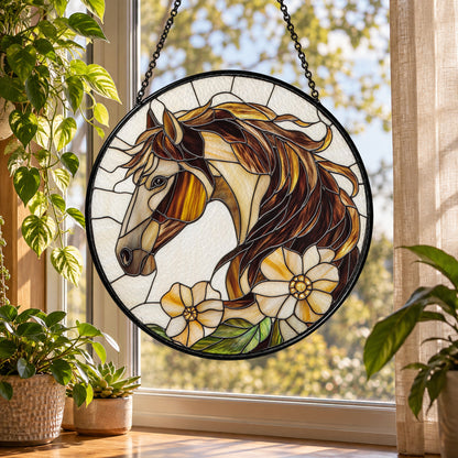 Brown Horse Head with Wildflowers stained glass suncatcher window hanging – front design view