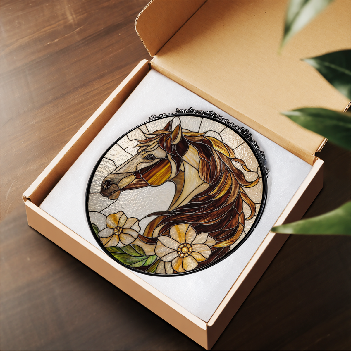 Brown Horse Head with Wildflowers stained glass suncatcher – flat printed artwork design