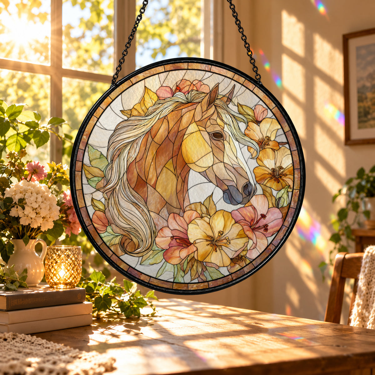 Brown Horse Portrait with Butterflies stained glass suncatcher window hanging – front design view