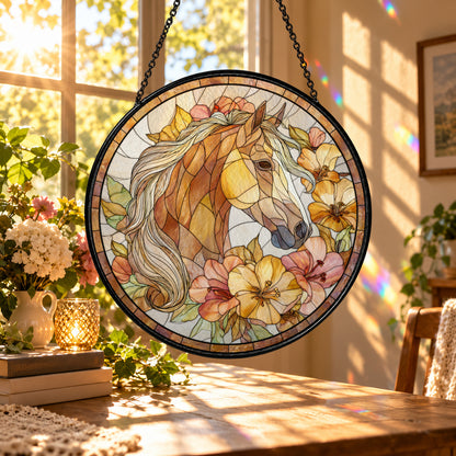 Brown Horse Portrait with Butterflies stained glass suncatcher window hanging – front design view