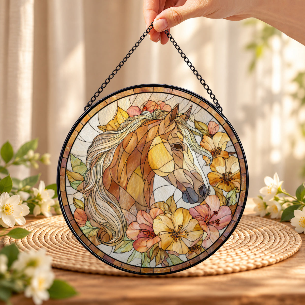 Brown Horse Portrait with Butterflies round stained glass window hanging – second gallery view