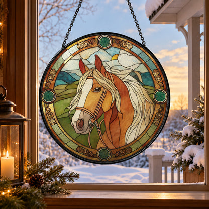 Brown Horse with Floral Border stained glass suncatcher window hanging – front design view