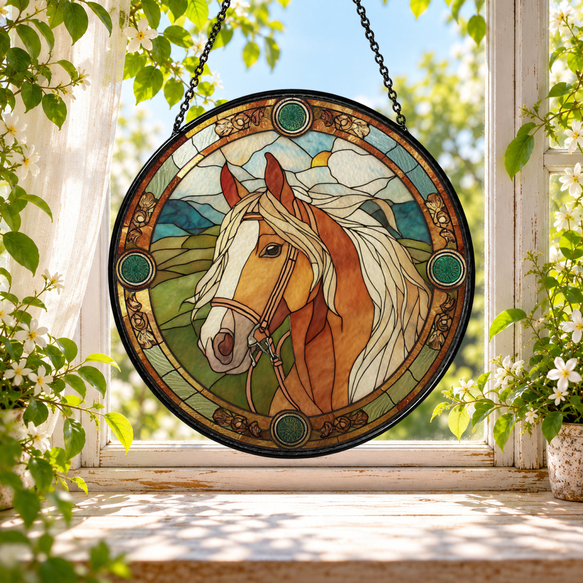 Brown Horse with Floral Border stained glass window suncatcher – third gallery view
