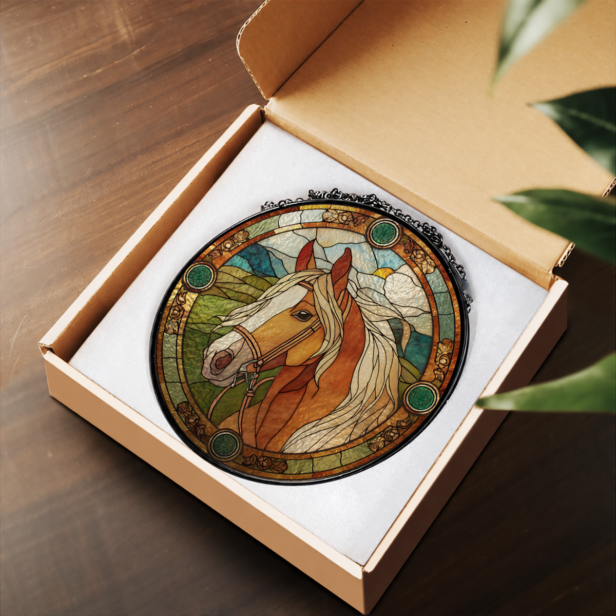 Brown Horse with Floral Border stained glass suncatcher – flat printed artwork design