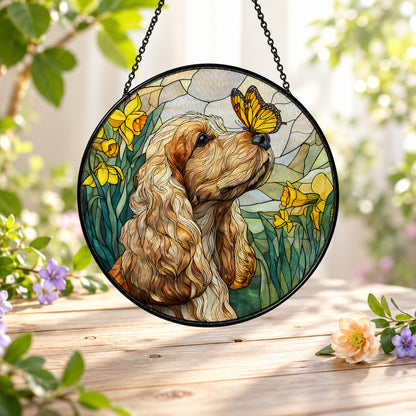 Brown Spaniel Dog with Butterfly stained glass suncatcher window hanging – front design view