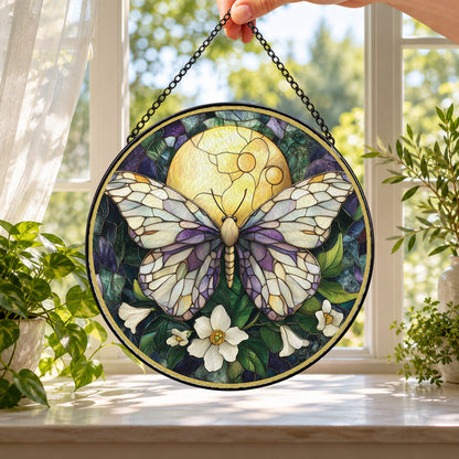 Butterfly with Moonlit White Daisies round stained glass window hanging – second gallery view