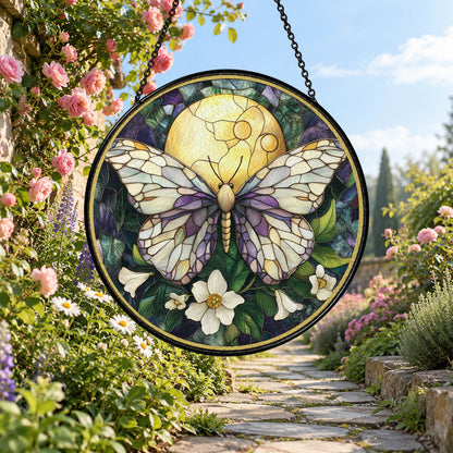 Butterfly with Moonlit White Daisies stained glass window suncatcher – third gallery view