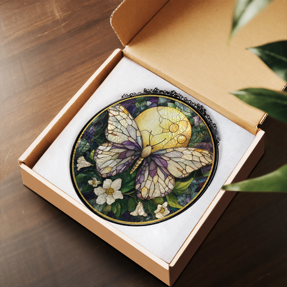 Butterfly with Moonlit White Daisies stained glass suncatcher – flat printed artwork design