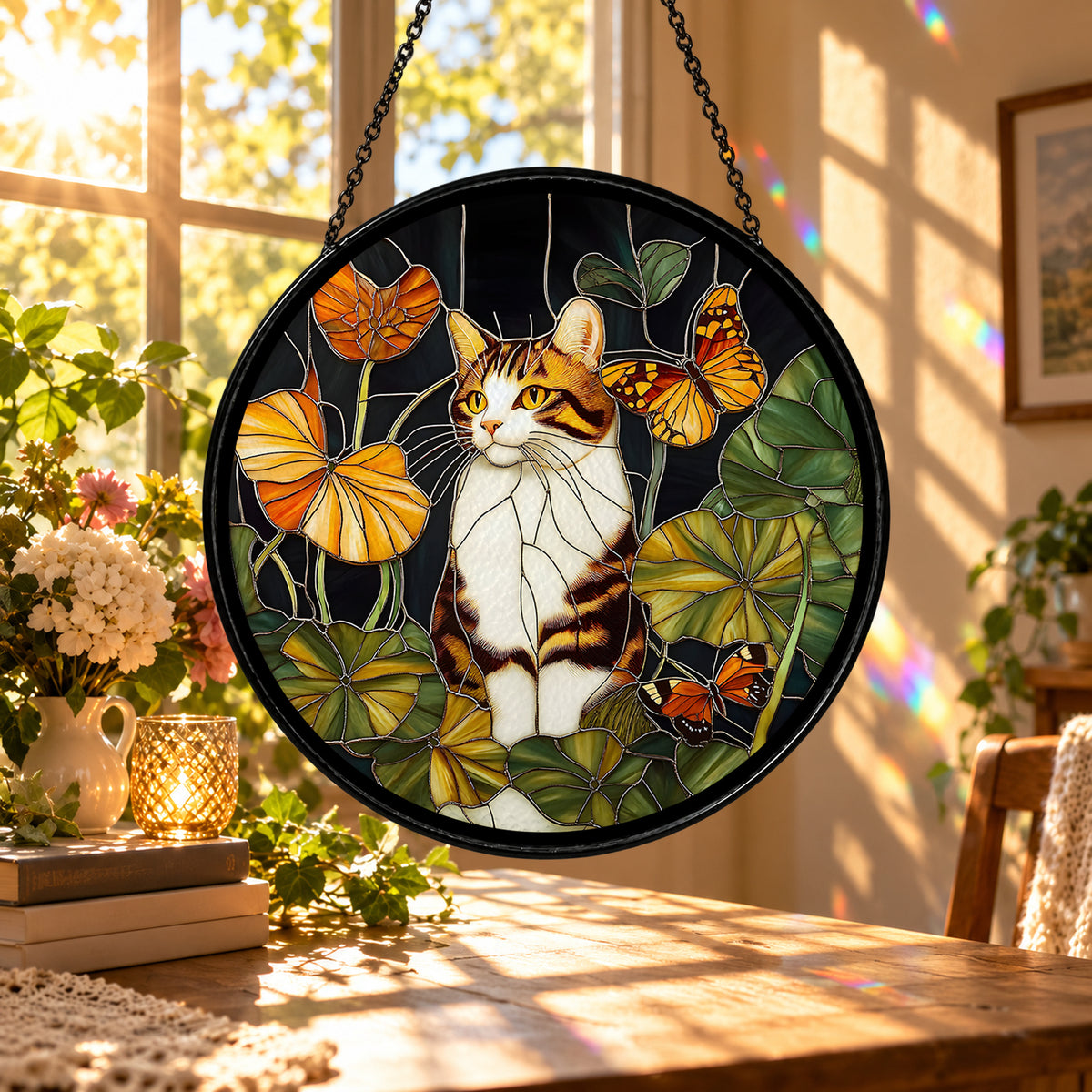 Calico Cat with Orange Butterflies stained glass suncatcher window hanging – front design view