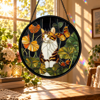 Calico Cat with Orange Butterflies stained glass suncatcher window hanging – front design view