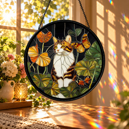 Calico Cat with Orange Butterflies stained glass window suncatcher – third gallery view