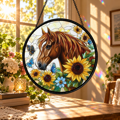 Chestnut Horse with Golden Sunflowers stained glass suncatcher window hanging – front design view