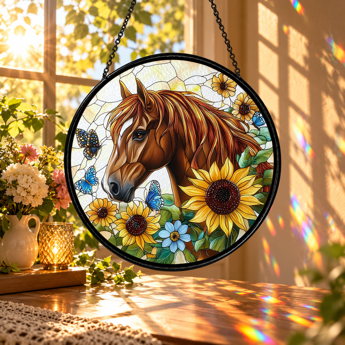 Chestnut Horse with Golden Sunflowers stained glass window suncatcher – third gallery view