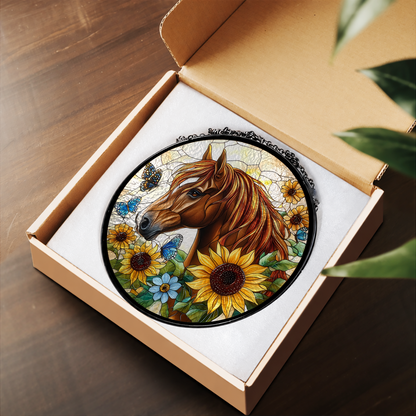 Chestnut Horse with Golden Sunflowers stained glass suncatcher – flat printed artwork design