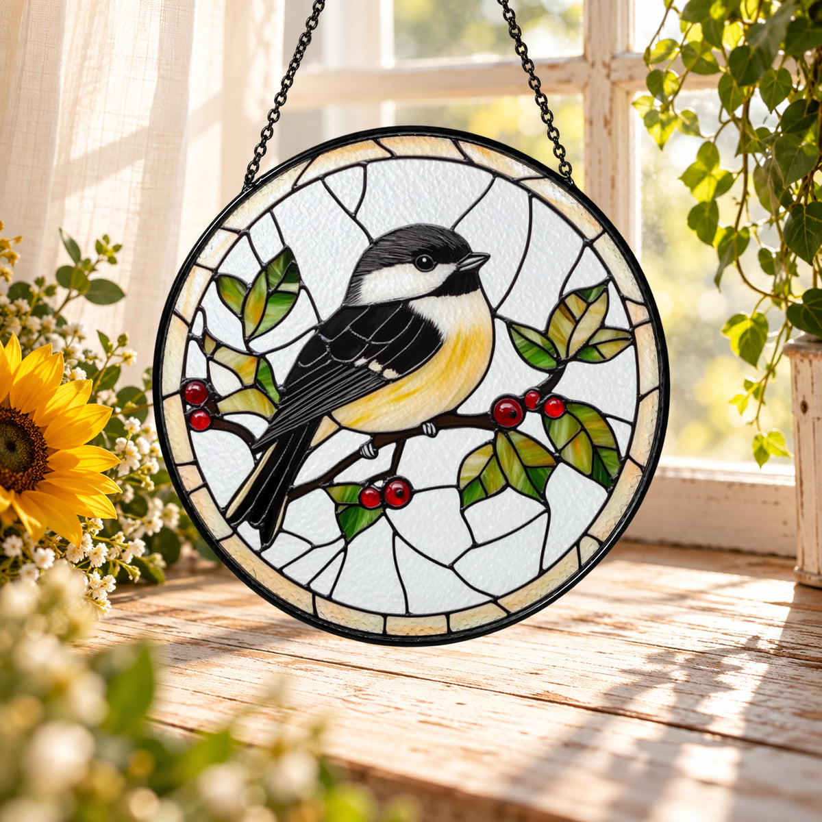 Chickadee on Holly Berry Branch stained glass suncatcher window hanging – front design view
