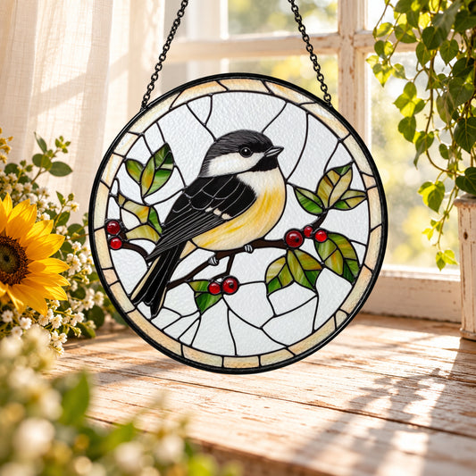 Chickadee on Holly Berry Branch stained glass suncatcher window hanging – front design view