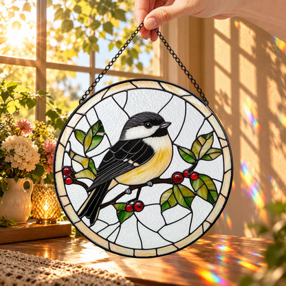 Chickadee on Holly Berry Branch round stained glass window hanging – second gallery view