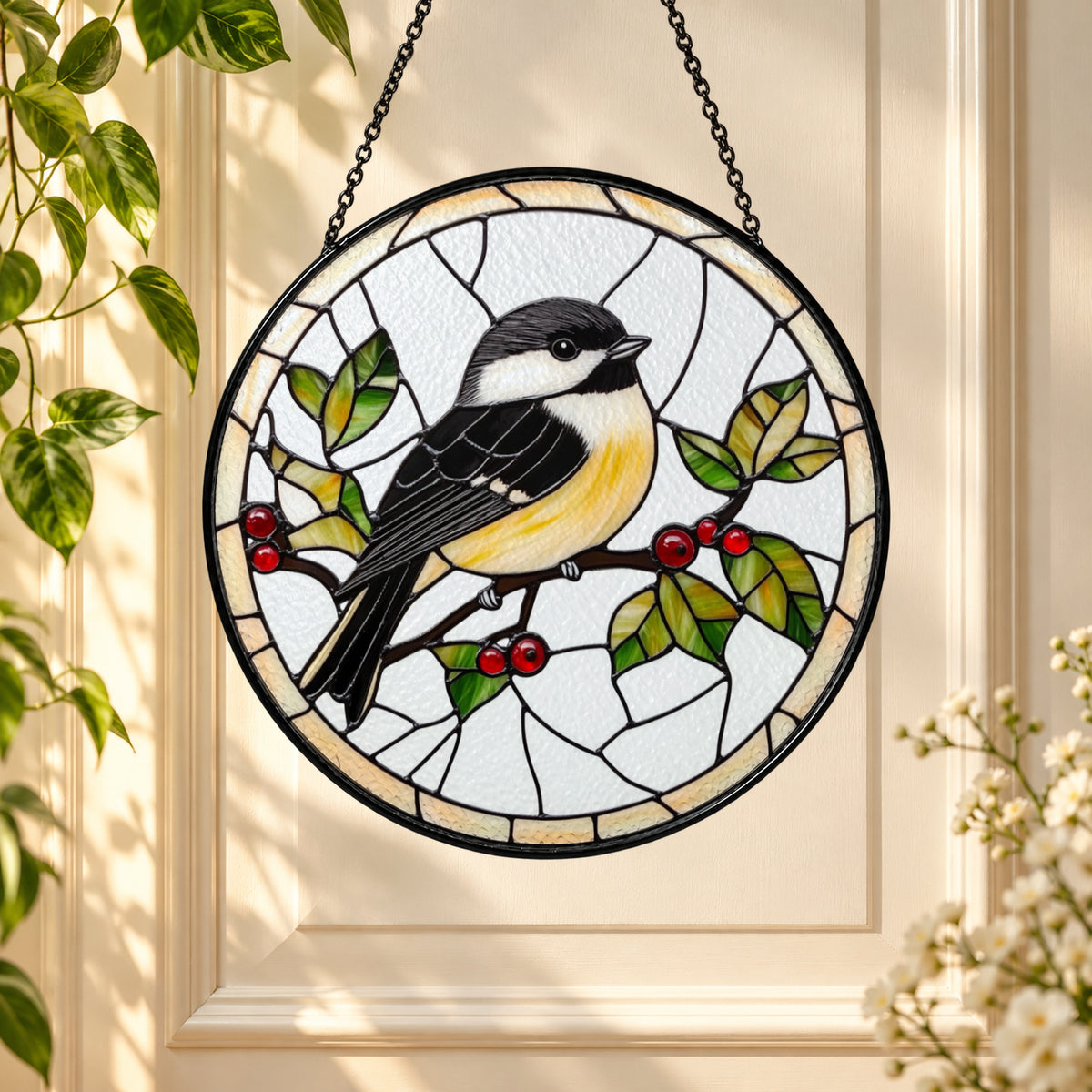 Chickadee on Holly Berry Branch stained glass window suncatcher – third gallery view