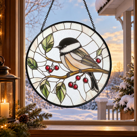 Chickadee with Red Berries stained glass suncatcher window hanging – front design view