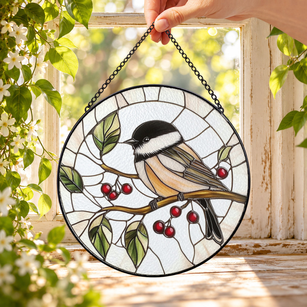 Chickadee with Red Berries round stained glass window hanging – second gallery view